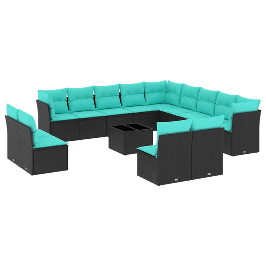 14-teiliges Gartensofa-Set mit Kissen, schwarzes Polyrattan