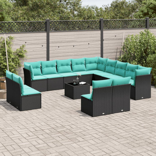14-teiliges Gartensofa-Set mit Kissen, schwarzes Polyrattan