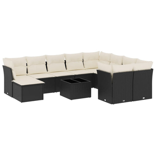 11-tlg. Garten-Sofagarnitur mit Kissen Schwarz Poly Rattan
