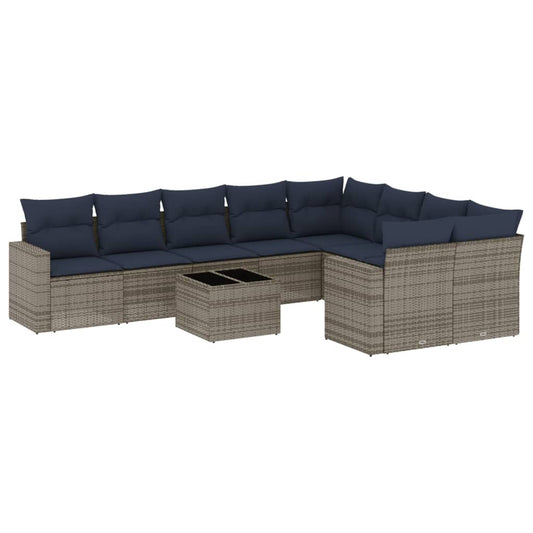 10-tlg. Garten-Sofagarnitur mit Kissen Grau Poly Rattan