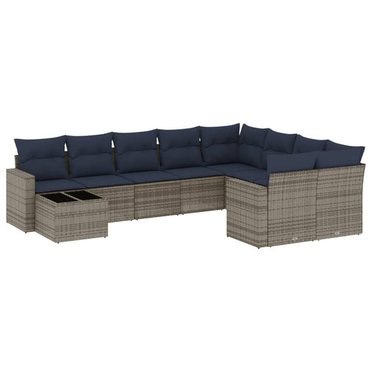 10-tlg. Garten-Sofagarnitur mit Kissen Grau Poly Rattan