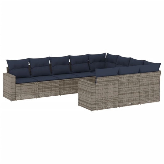 10-tlg. Garten-Sofagarnitur mit Kissen Grau Poly Rattan
