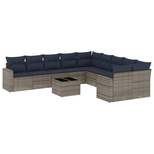 11-tlg. Garten-Sofagarnitur mit Kissen Grau Poly Rattan