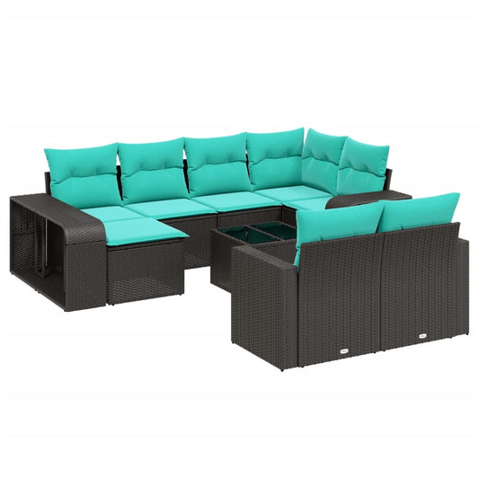 11-teiliges Gartensofa-Set mit Kissen, schwarzes Polyrattan