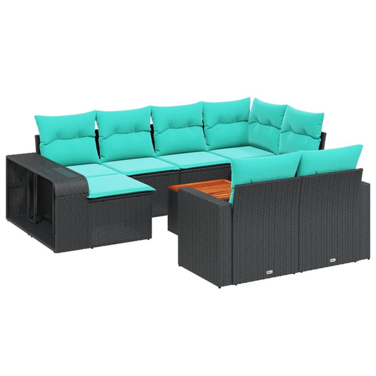 11-teiliges Gartensofa-Set mit Kissen, schwarzes Polyrattan