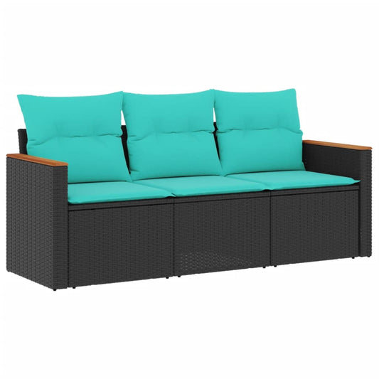 3-teiliges Gartensofa-Set mit Kissen, schwarzes Polyrattan