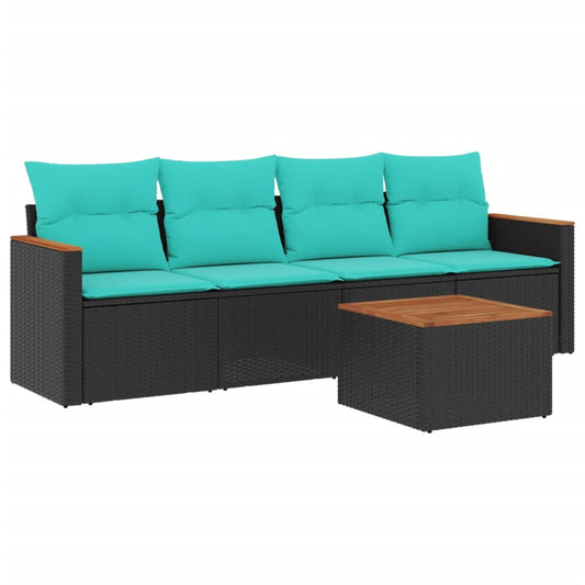 5-teiliges Gartensofa-Set mit Kissen, schwarzes Polyrattan