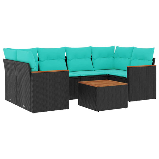 7-teiliges Gartensofa-Set mit Kissen, schwarzes Polyrattan