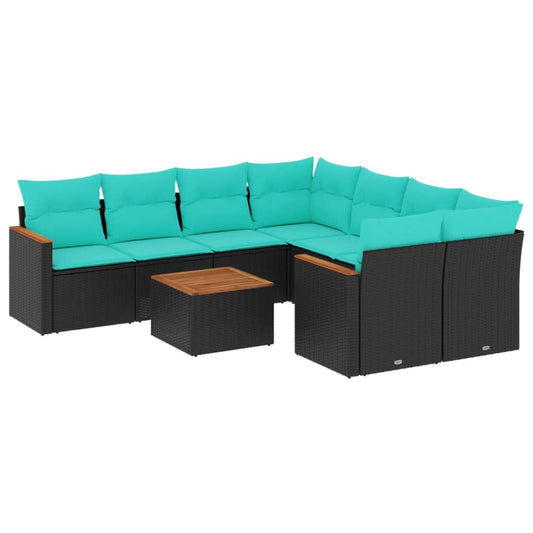 9-teiliges Gartensofa-Set mit Kissen, schwarzes Polyrattan