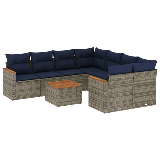 9-teiliges Gartensofa-Set mit Kissen, grau, Polyrattan