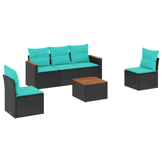 6-teiliges Gartensofa-Set mit Kissen, schwarzes Polyrattan