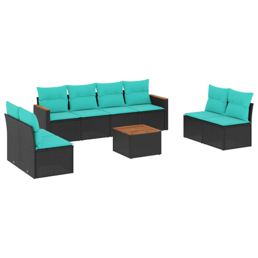 9-teiliges Gartensofa-Set mit Kissen, schwarzes Polyrattan
