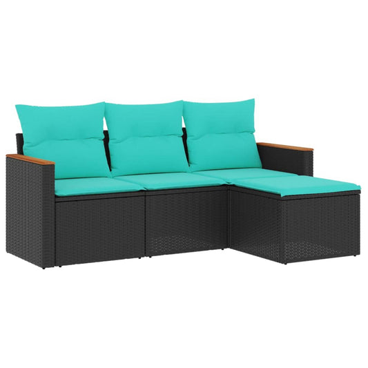 4-teiliges Gartensofa-Set mit Kissen, schwarzes Polyrattan