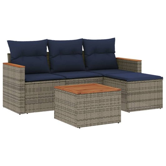 5-teiliges Gartensofa-Set mit Kissen, grau, Polyrattan