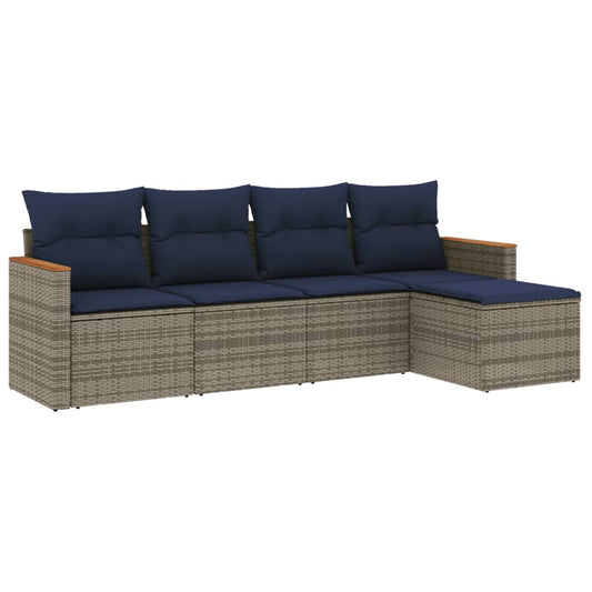 5-teiliges Gartensofa-Set mit Kissen, grau, Polyrattan