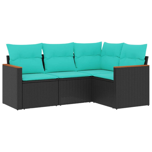 4-teiliges Gartensofa-Set mit Kissen, schwarzes Polyrattan