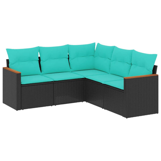 5-teiliges Gartensofa-Set mit Kissen, schwarzes Polyrattan