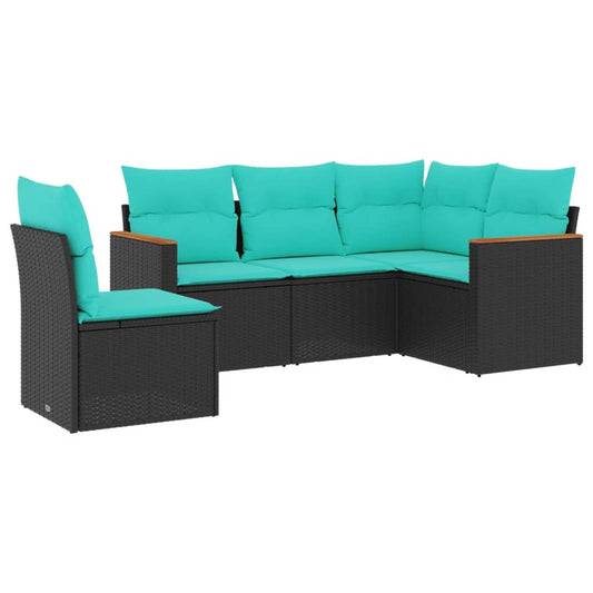 5-teiliges Gartensofa-Set mit Kissen, schwarzes Polyrattan