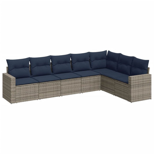 7-tlg. Garten-Sofagarnitur mit Kissen Grau Poly Rattan