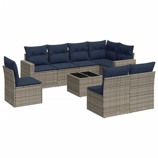9-tlg. Garten-Sofagarnitur mit Kissen Grau Poly Rattan