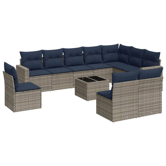 11-tlg. Garten-Sofagarnitur mit Kissen Grau Poly Rattan