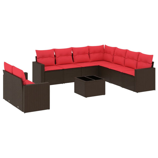 10-tlg. Garten-Sofagarnitur mit Kissen Braun Poly Rattan