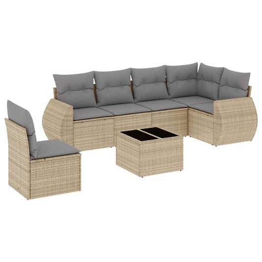 7-tlg. Garten-Sofagarnitur mit Kissen Beige Poly Rattan