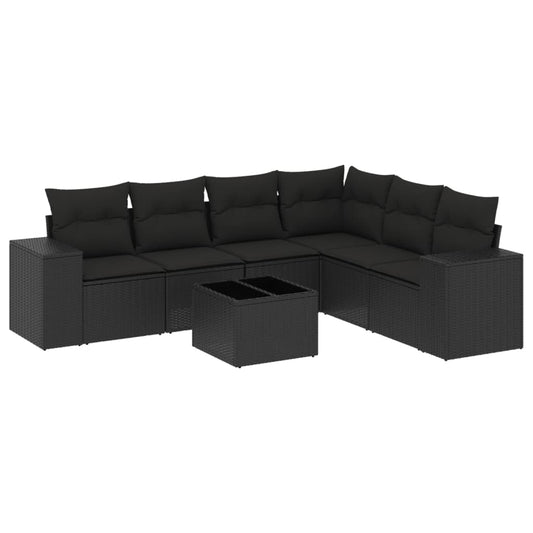 7-tlg. Garten-Sofagarnitur mit Kissen Schwarz Poly Rattan