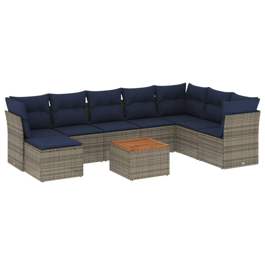 9-teiliges Gartensofa-Set mit Kissen, grau, Polyrattan