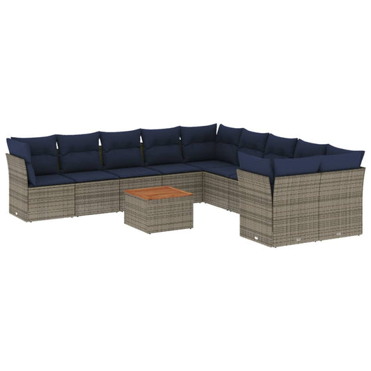 11-tlg. Garten-Sofagarnitur mit Kissen Grau Poly Rattan