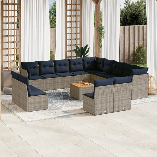 14-tlg. Garten-Sofagarnitur mit Kissen Grau Poly Rattan