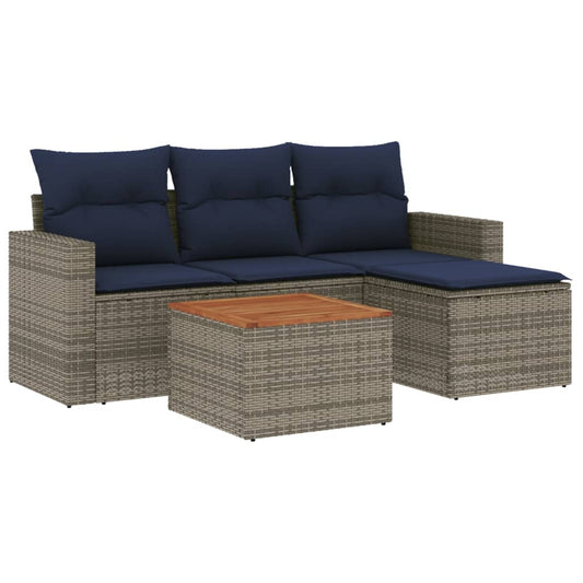 5-teiliges Gartensofa-Set mit Kissen, grau, Polyrattan