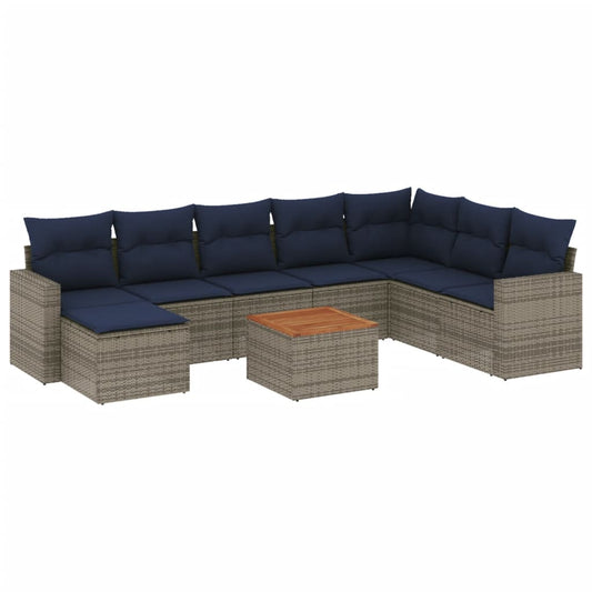 9-teiliges Gartensofa-Set mit Kissen, grau, Polyrattan