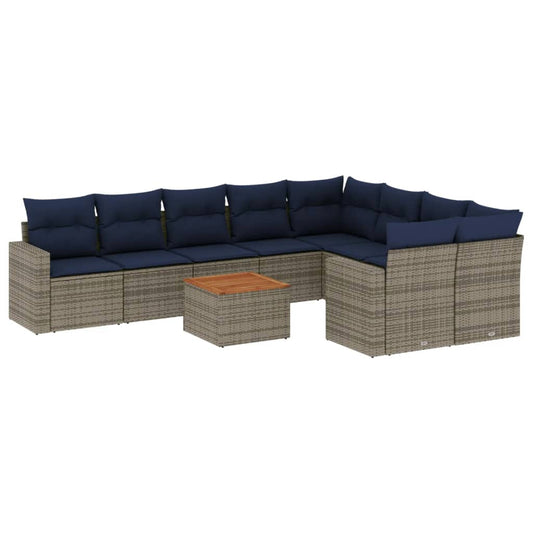 10-tlg. Garten-Sofagarnitur mit Kissen Grau Poly Rattan