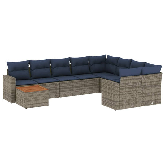 10-tlg. Garten-Sofagarnitur mit Kissen Grau Poly Rattan