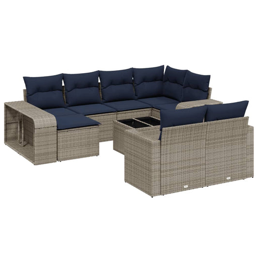 11-tlg. Garten-Sofagarnitur mit Kissen Grau Poly Rattan
