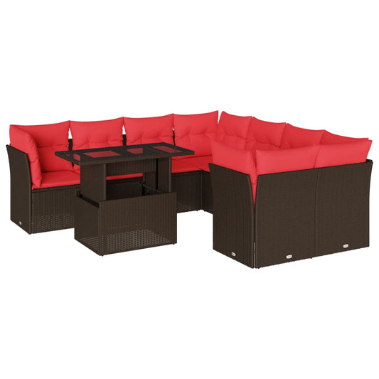 9-teiliges Gartensofa-Set mit Kissen, braun, Polyrattan