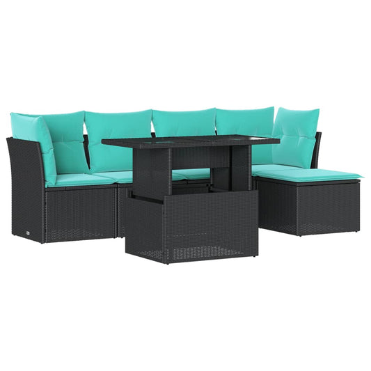 6-teiliges Gartensofa-Set mit Kissen, schwarzes Polyrattan