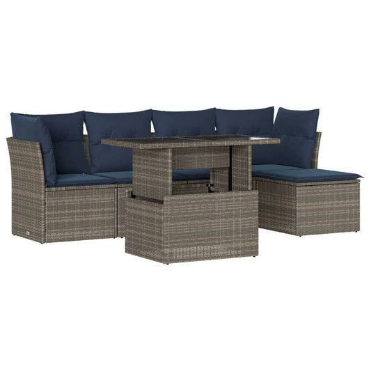 6-teiliges Gartensofa-Set mit Kissen, grau, Polyrattan