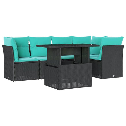 6-teiliges Gartensofa-Set mit Kissen, schwarzes Polyrattan