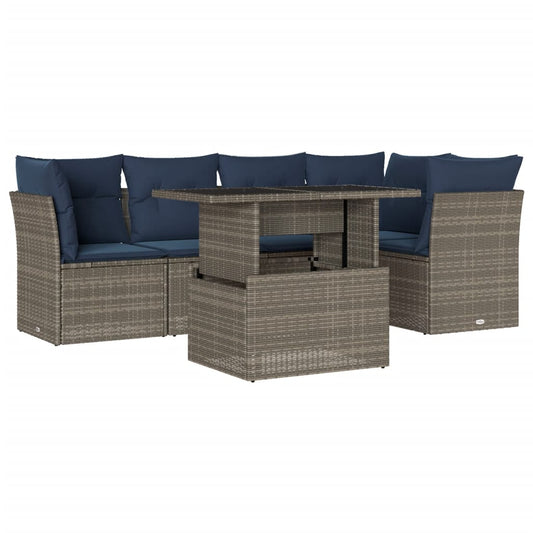 6-teiliges Gartensofa-Set mit Kissen, grau, Polyrattan