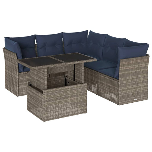 6-teiliges Gartensofa-Set mit Kissen, grau, Polyrattan