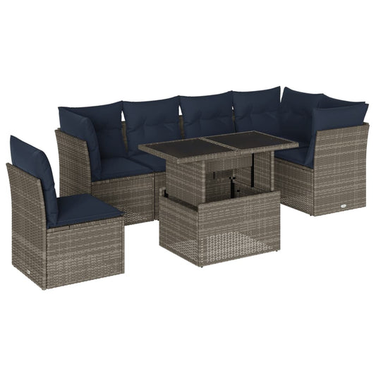 7-teiliges Gartensofa-Set mit Kissen, grau, Polyrattan