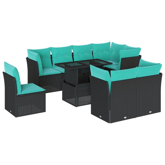 9-teiliges Gartensofa-Set mit Kissen, schwarzes Polyrattan