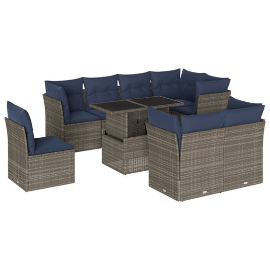 9-teiliges Gartensofa-Set mit Kissen, grau, Polyrattan