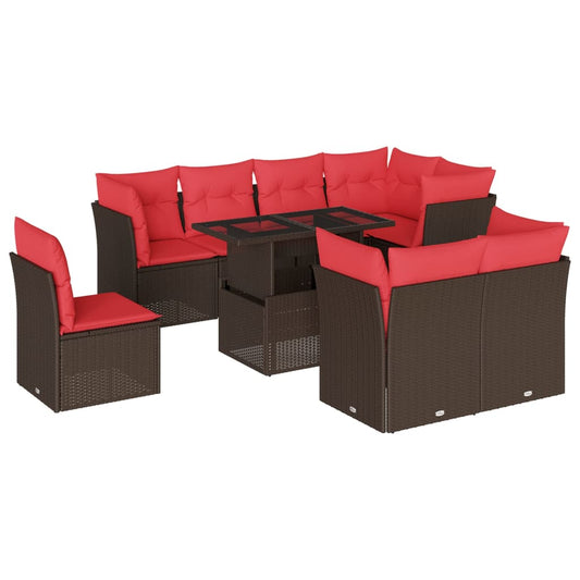 9-teiliges Gartensofa-Set mit Kissen, braun, Polyrattan