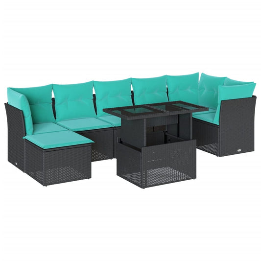 8-teiliges Gartensofa-Set mit Kissen, schwarzes Polyrattan