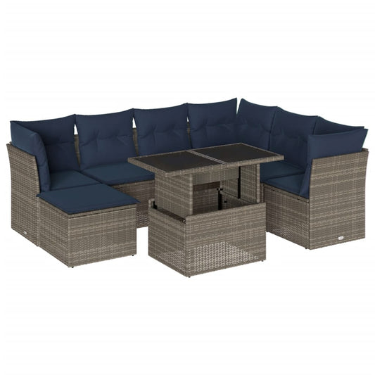 8-teiliges Gartensofa-Set mit Kissen, grau, Polyrattan