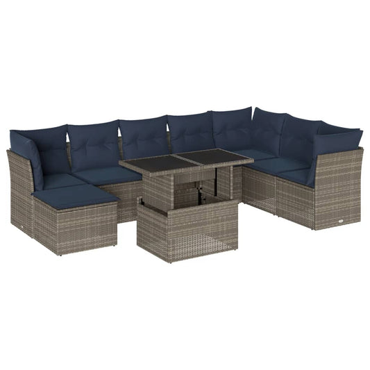 9-teiliges Gartensofa-Set mit Kissen, grau, Polyrattan