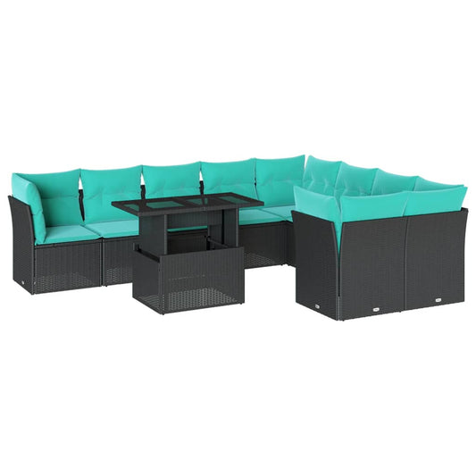 10-teiliges Gartensofa-Set mit Kissen, schwarzes Polyrattan